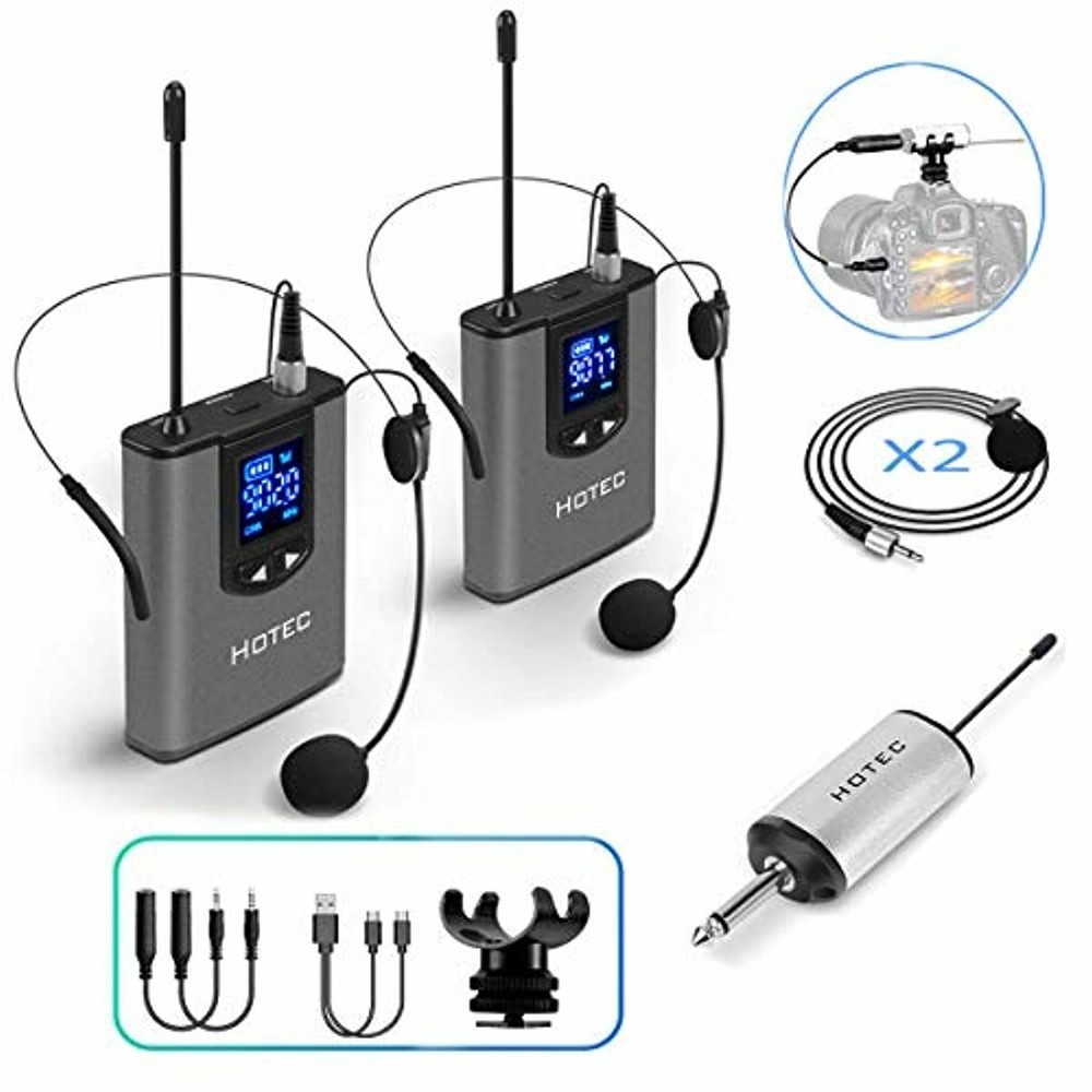 Hotec Wireless System with Dual Headset Microphones/Lavalier Lapel Mics and Body