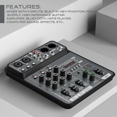 4 Channel Audio Mixer USB Bluetooth DJ Console 48V Phantom Power Karaoke