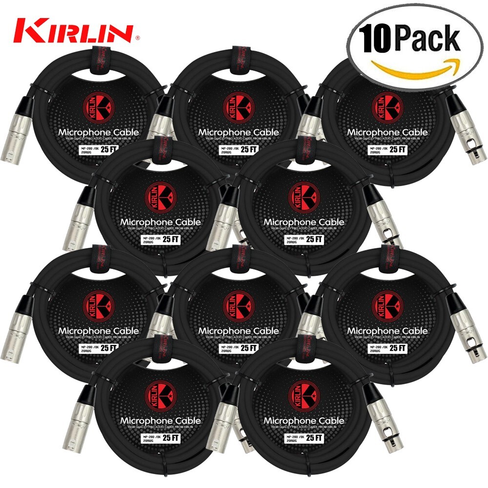 10-PACK Kirlin MP-280-25/BK 25FT XLR Male – XLR Female Microphone Cable Black