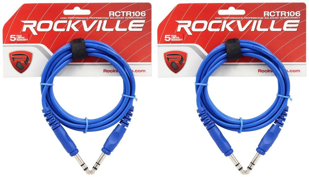 2 Rockville RCTR106BL Blue 6′ 1/4“ TRS to 1/4“ TRS Cable 100% Copper