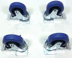 Set Of Four 4″ Heavy Duty Swivel Casters w/4″ Blue Rubber Wheels & Locking Brake