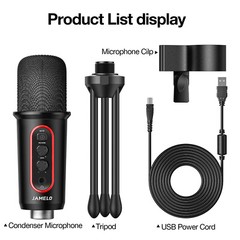 JAMELO Computer USB Microphone RGB Studio Vocal Gaming Condenser Mic with Stand