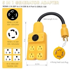 240V to 120V Adapter, Generator Plug NEMA L14-30P to L14-30R and 4 Port Yellow