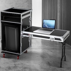 16U Rack Case Slant Mixer Stand Top Two DJ Table Workstation Drawer with Wheels