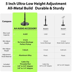 AA AUDIO ACCESSORY Short Mic Stand Desk, Ultra Low 5 Inch Adjustable, Black