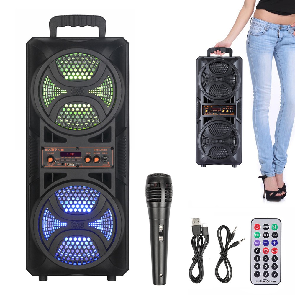 Dual 6.5″ Party Portable Bluetooth Speaker Heavy Bass Sound Remote FM LED Light
