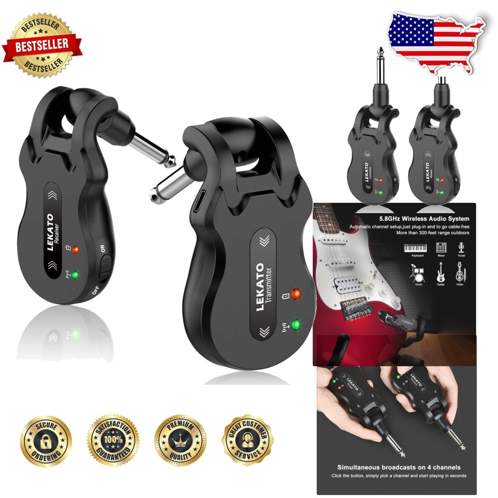 Pro Wireless Guitar Transmitter Receiver 5.8GHz 100ft Range Rechargeable