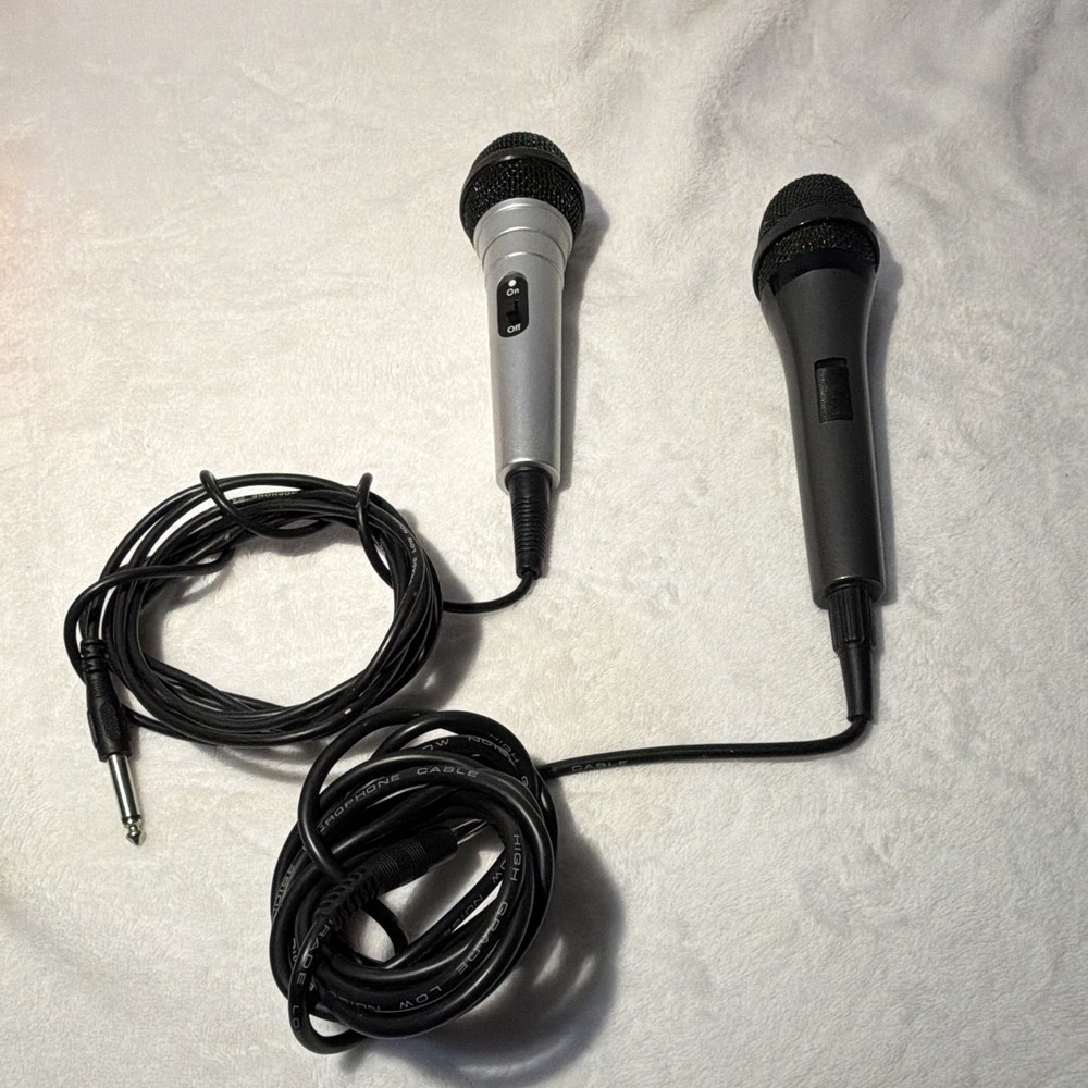 Lot of 2 Wired Handheld/Stand-Held Mics, 1/4 in TS, On/Off, Black/Silver
