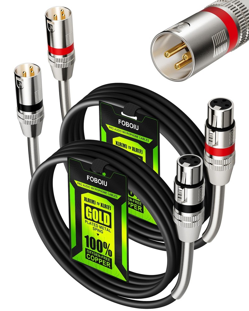 2 Pack 6ft Black XLR Cables, Shielded 3-Pin Male Female, OFC, Gold Plated