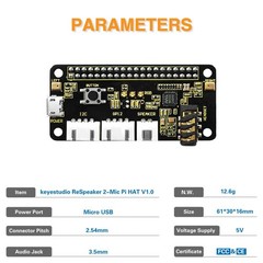 KEYESTUDIO ReSpeaker 2-Mic Pi HAT V1.0 for Raspberry 65mm x 30mm, Black