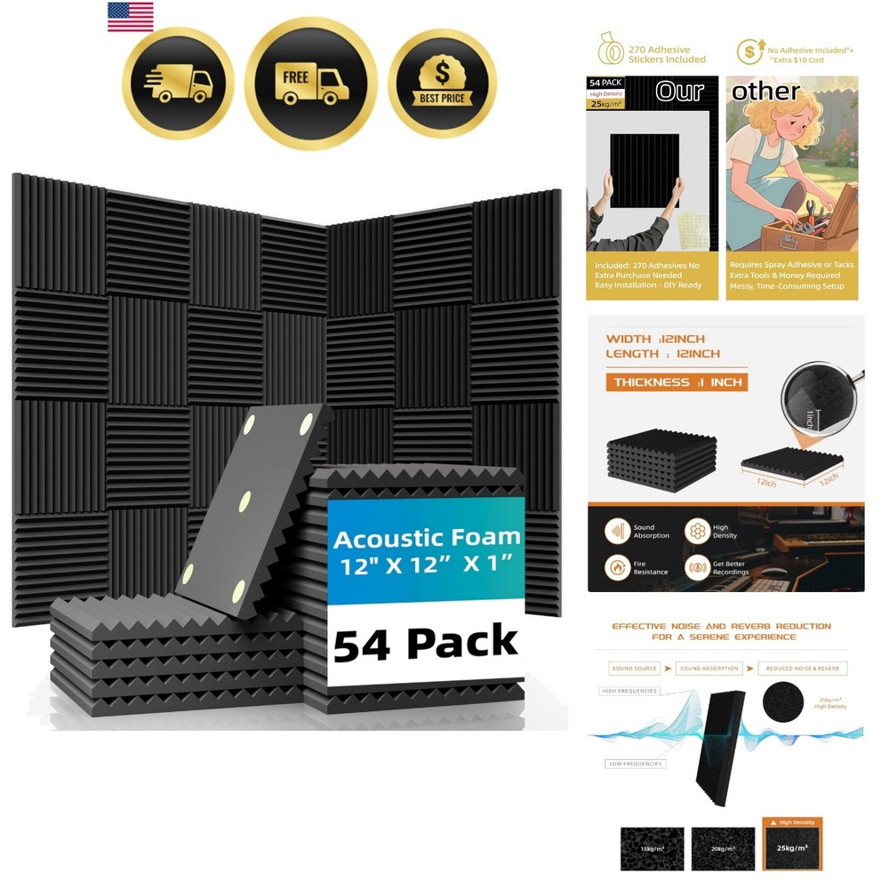 54 Pack Sound Proof Foam Panels |12″×12″×1″ Quick-Recovery Soundproof Wall Pa…