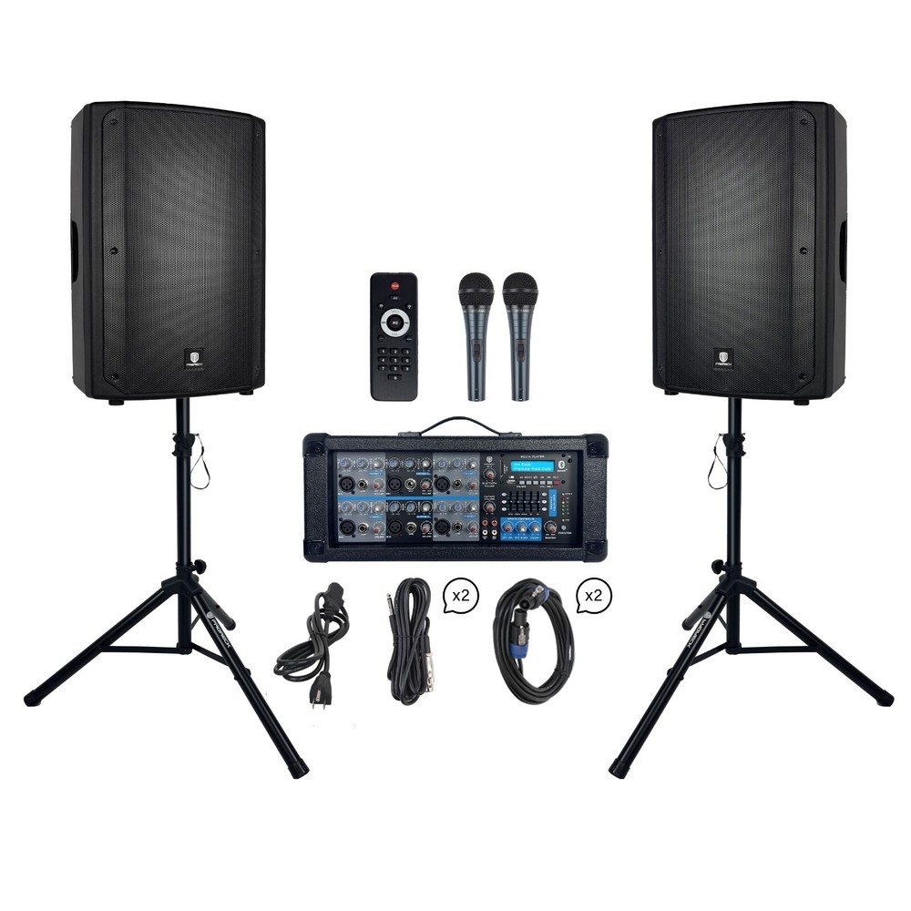 PRORECK 2000W 15″ PA Speaker System with 6 Channel Powered Mixer Mic Stand Kit