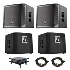 Two Electro-Voice ELX200-12SP 12″ powered subwoofers + Covers & Dollies