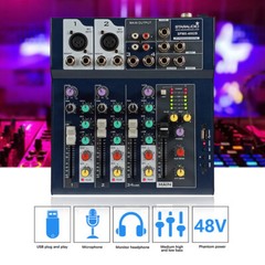4 Channel Mini Mixer Audio Stage Console USB BT 48V Phantom Live Studio Mixing