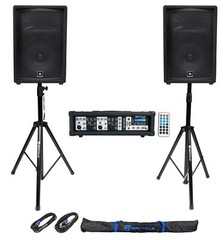 (2) JBL JRX212 1000 Watt 12″ DJ PA Speakers+Powered 4-Ch. Mixer+Stands+Cables