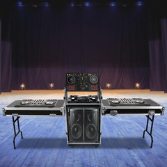 Road Case w/ 11U Slant Mixer Top Sound Box 14U PA Rack/2 DJ Tables w/ Casters