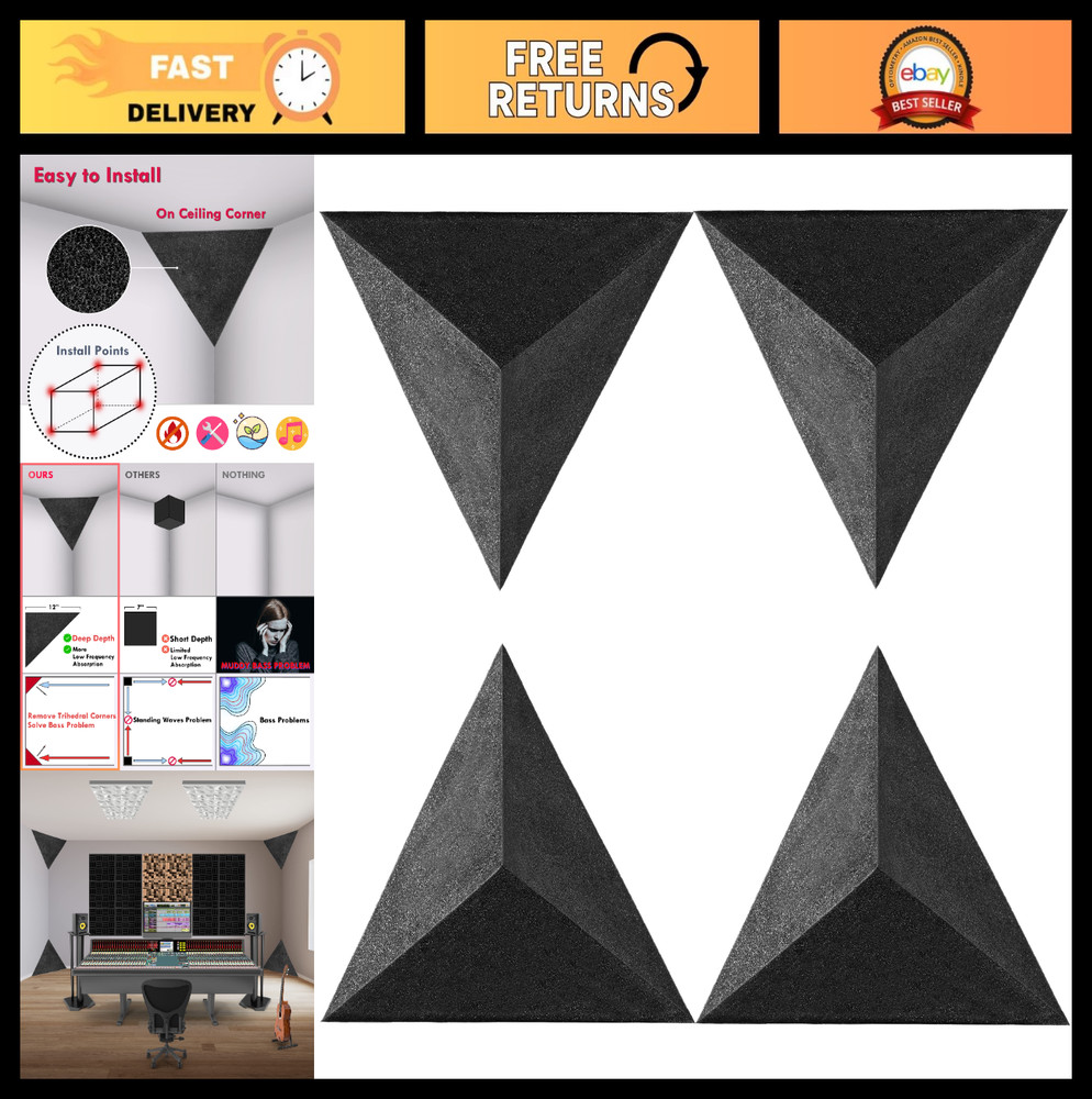 4 Pack Triangular Bass Traps for Ceiling Corners – Acoustic Foam Panels, Black