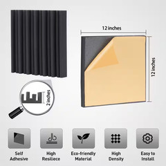24-Pack Self-Adhesive Acoustic Foam Panels, 12X12X2 Inches, Black, High Density