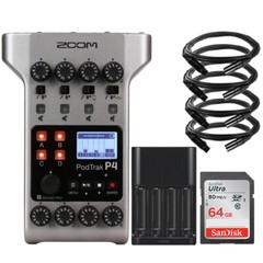 Zoom PodTrak P4 Portable Multitrack Podcast Recorder with 64GB Memory Card Kit