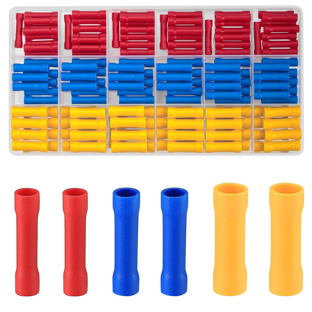 QOOSIKICC 150 Pcs Electrical Butt Connectors Kit, red, yellow and blue
