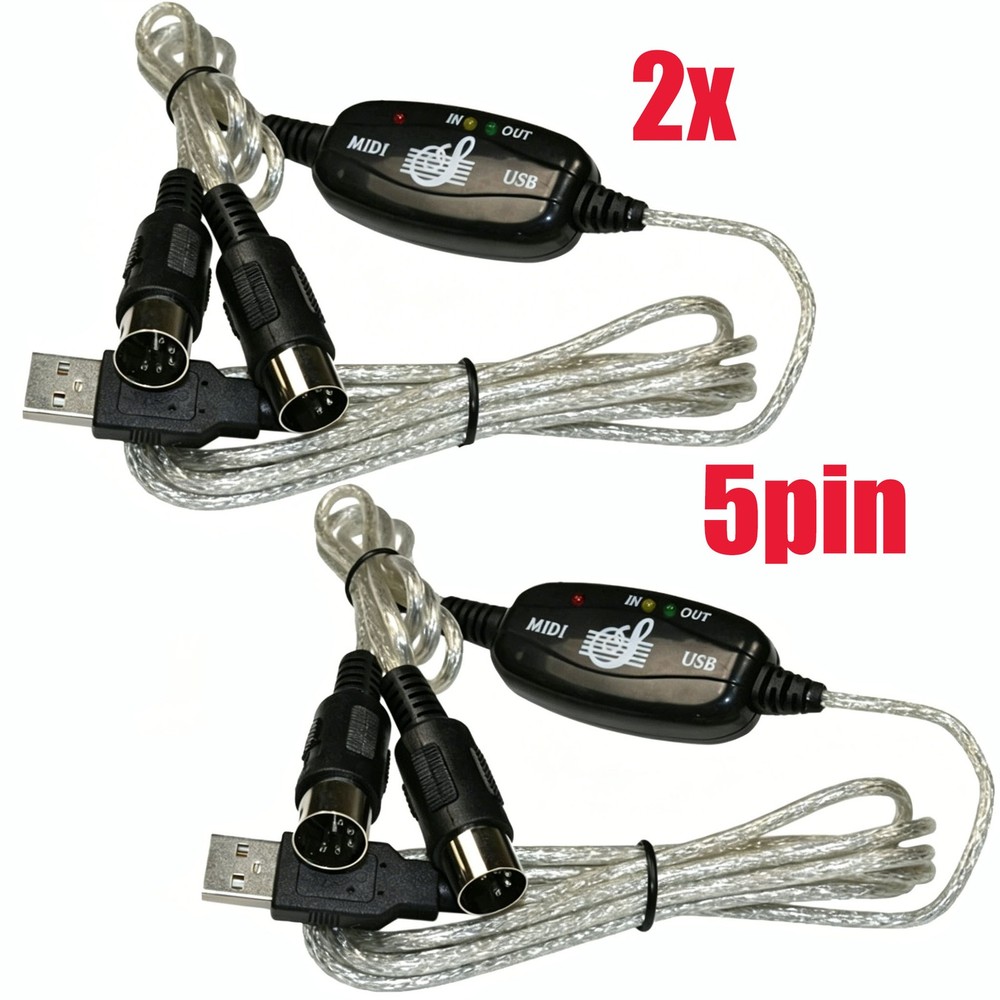 2pcs USB IN-OUT MIDI Interface Cable Converter to PC Music Keyboard Adapter Cord