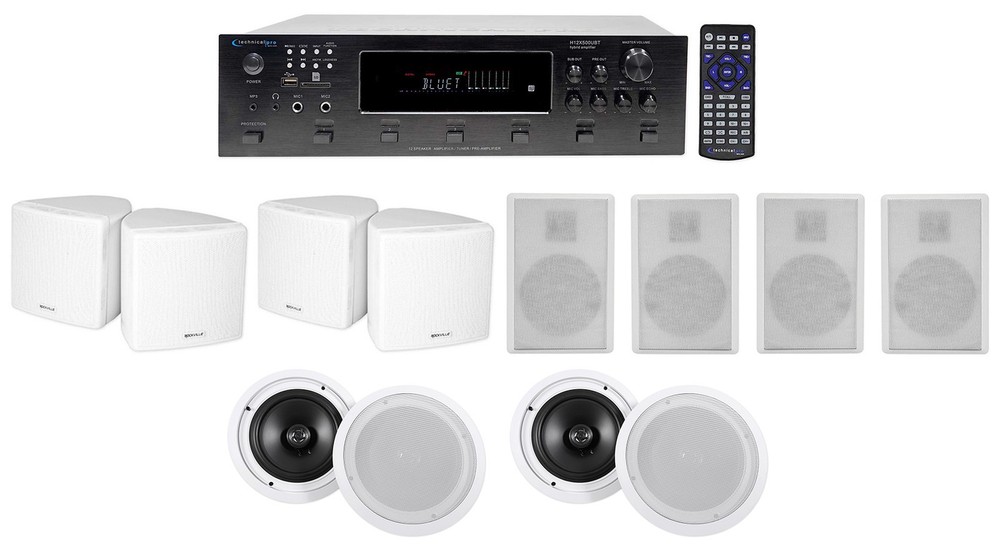 6-Zone Receiver+4) White 3.5″ Cube+Wall+Ceiling Speakers For Restaurant/Bar/Cafe