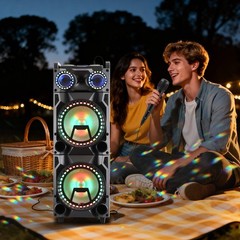 Bluetooth Portable Party Speaker Wireless Dual 12″ Subwoofer Deep Bass AUX LED