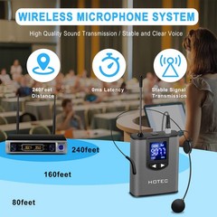 HOTEC UHF Wireless Microphone System with Dual Lapel/Lavalier and Headset Mic…