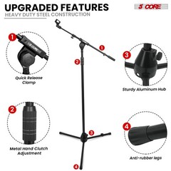 5 Core Microphone Stand 2Pc Floor Adjustable w Telescoping Metal Boom Arm