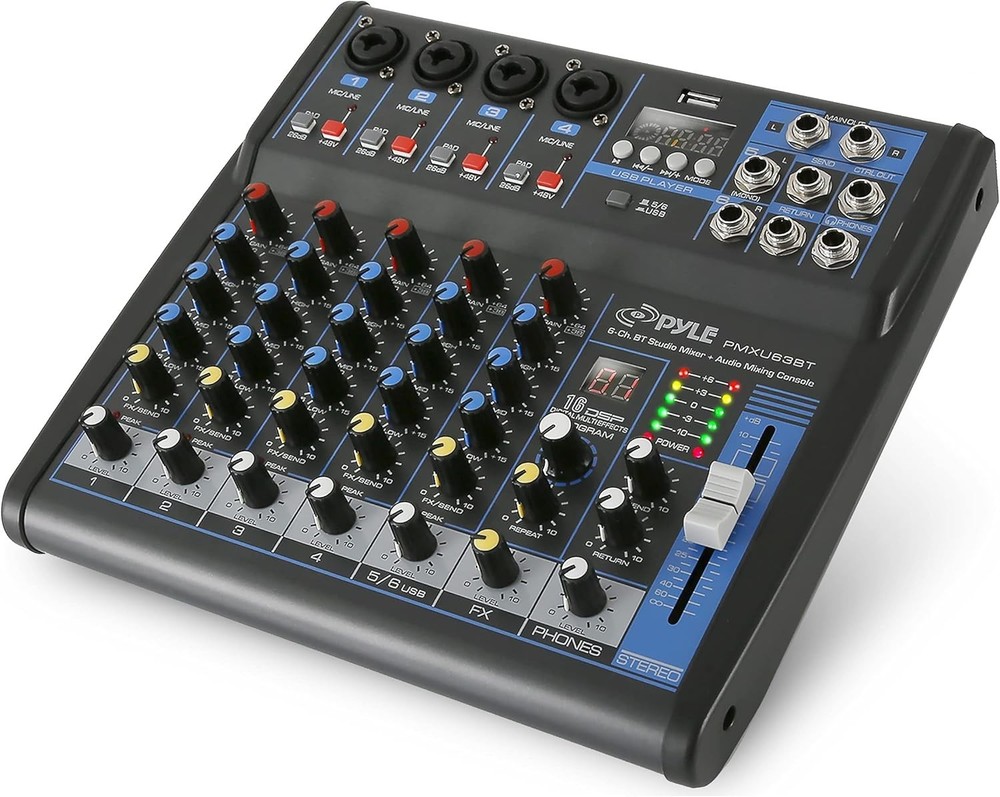 Pyle 6-Channel Professional Audio Mixer- USB, Bluetooth, 48V Phantom Power