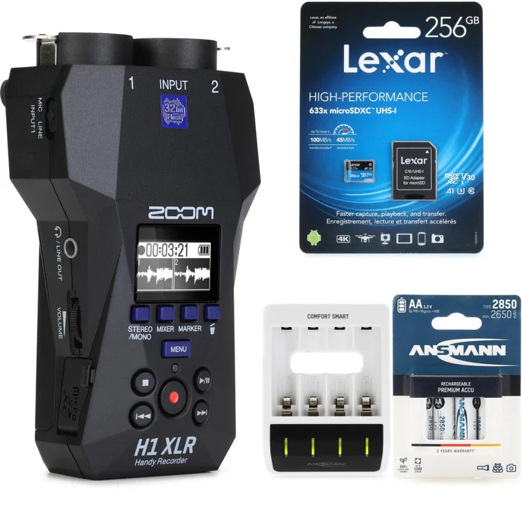 Zoom H1 XLR Portable Recorder with MicroSDXC Card and Rechargable Batteries
