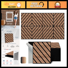 Acoustic Wall Panels 16 Pack 12×12 Inch PVC Wood Grain Soundproof Decor Self-Adh