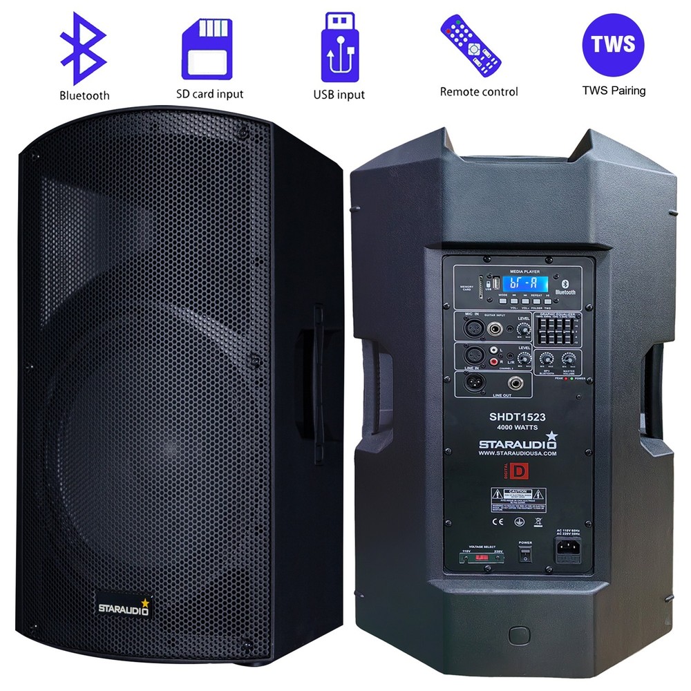 STARAUDIO PA Active Speaker 15″ 4000W Peak Power Speaker W/ TWS Bluetooth USB