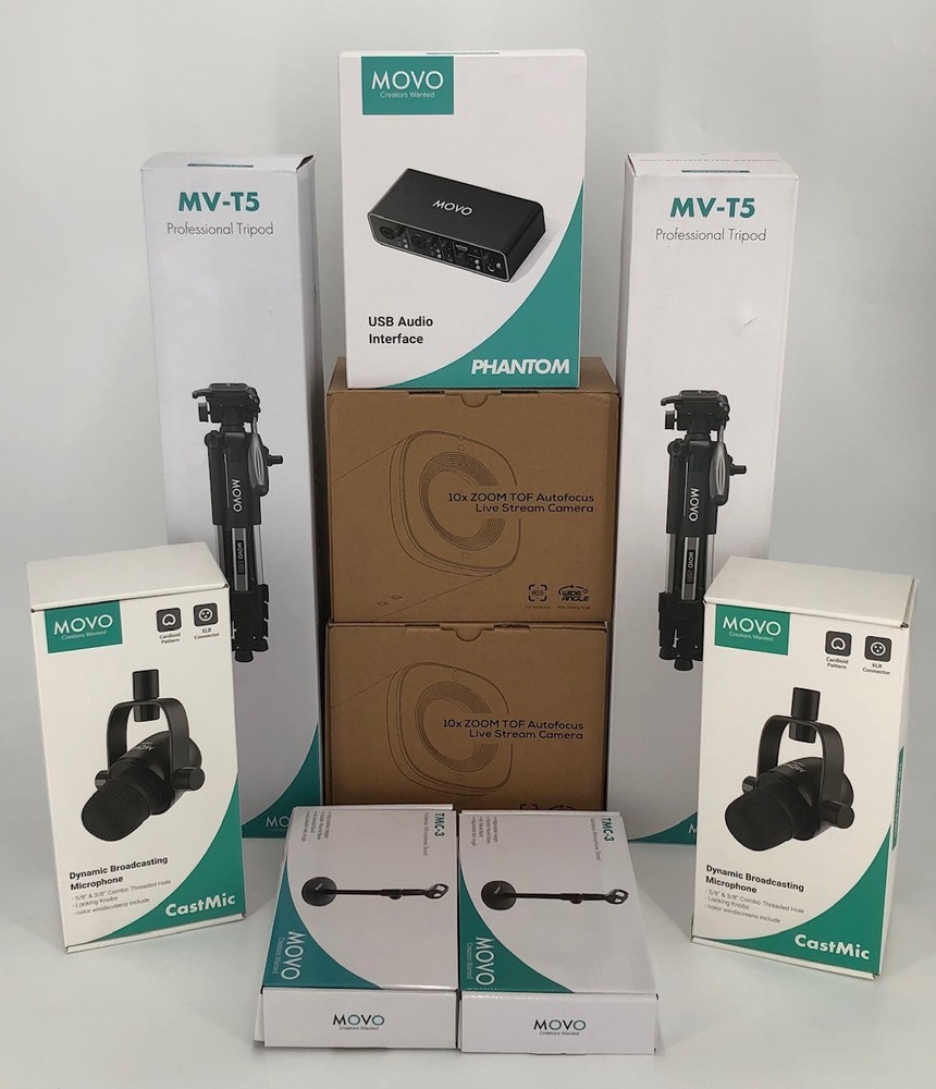 Movo Tabletop Video Podcast Equipment Bundle Interface 2X Mics Cameras Stands