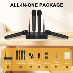 MELONARE 4-Channel Wireless Microphone System, UHF 4 Handheld Mics, Black