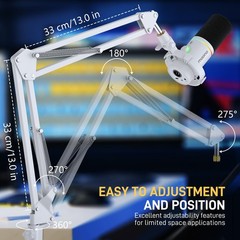 Boom Arm Microphone Stand, BA20 White, Adjustable, 1KG Load, Desk Clamp, Adapter