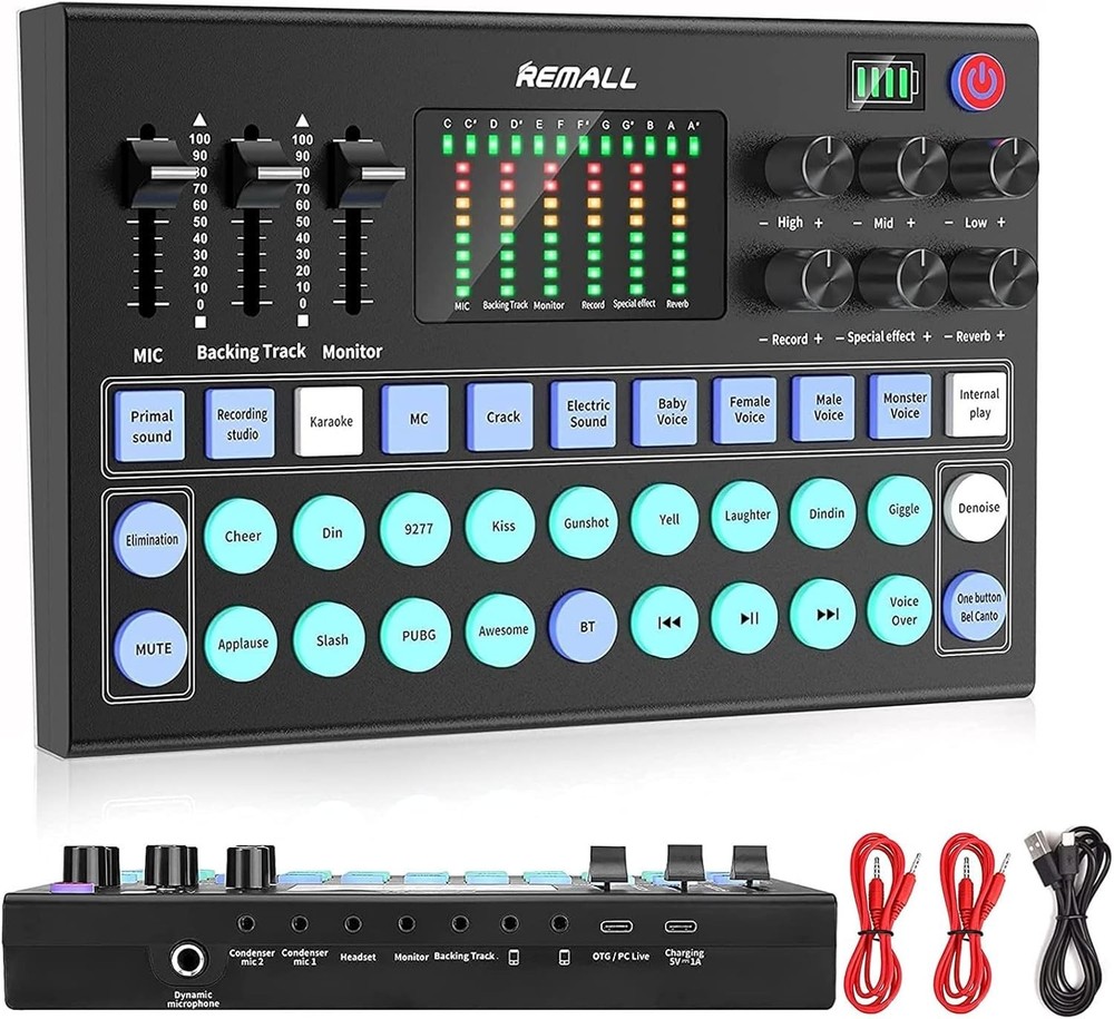 Audio Interface DJ Mixer Sound Card V8, REMALL Podcast Mixer Sound Effects Board