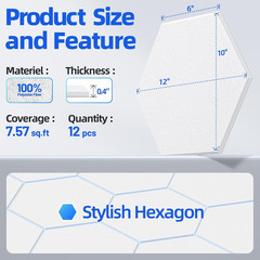 12 Pack Hexagon Acoustic Panels with Self-Adhesive, 12″ X 10″ X 0.4″ Sound
