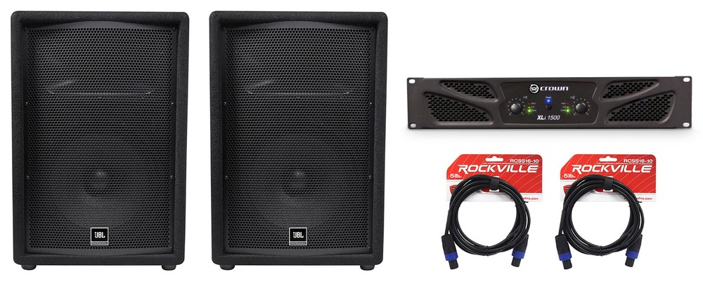 (2) JBL Pro JRX212 12″ 2000w 8 Ohm PA/DJ Speakers+Crown Power Amplifier+Cables