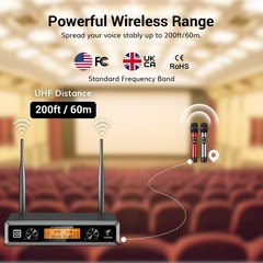 TONOR Wireless Microphones System, 2 * 15 Channel Metal Professional Silver