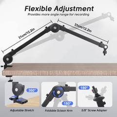 Microphone Boom Arm 360° Rotatable Adjustable Mic Stand w/ 3/8“to 5/8“ Adapter