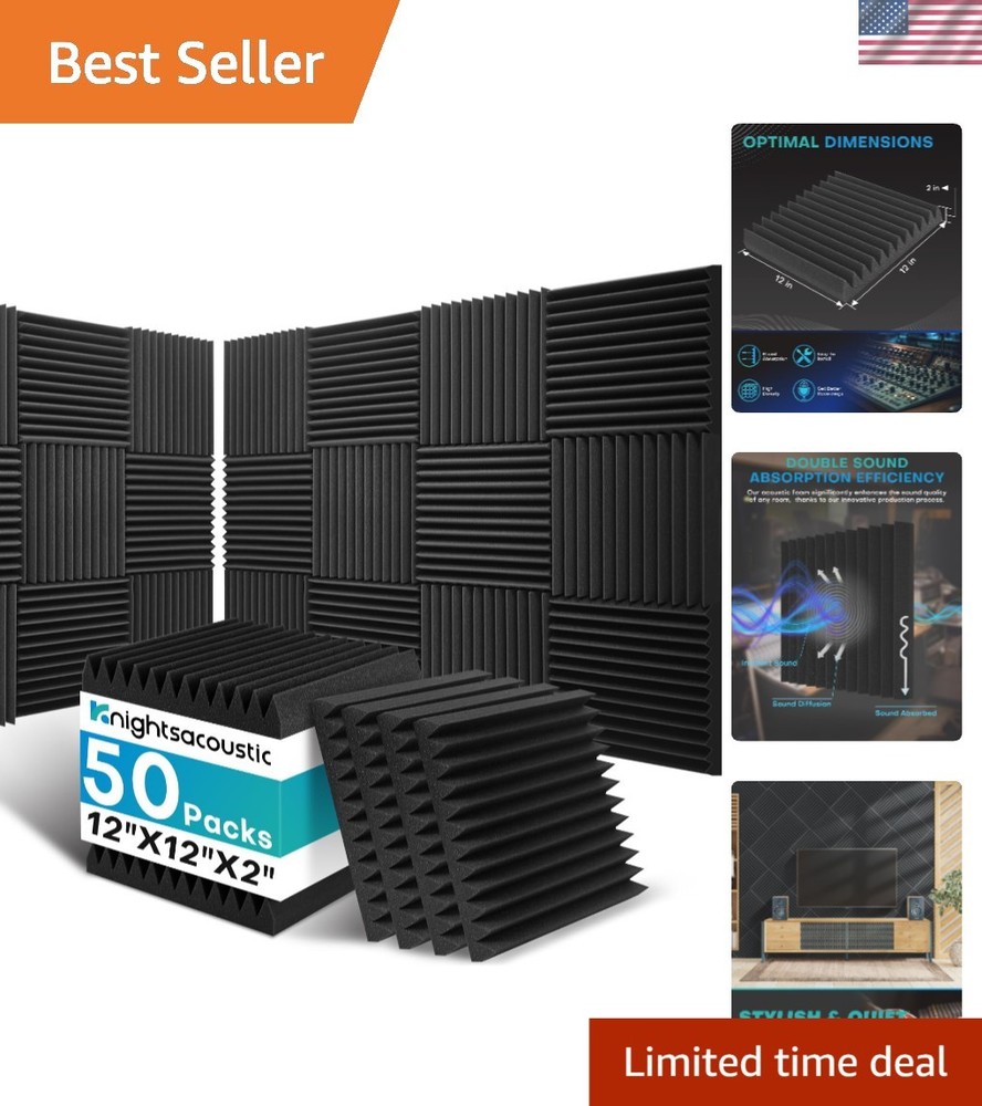 Sound Absorbing Foam Panels – 50 Pack, 2x12x12 Inch Acoustic Wedges for Studios