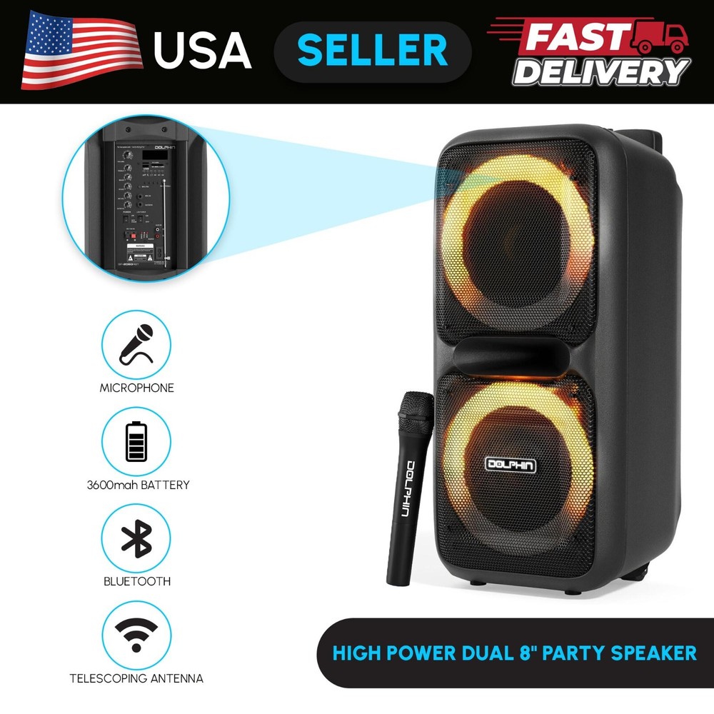 Dolphin Dual 8″ Portable High Power Karaoke Bluetooth Party Speaker Rechargeable