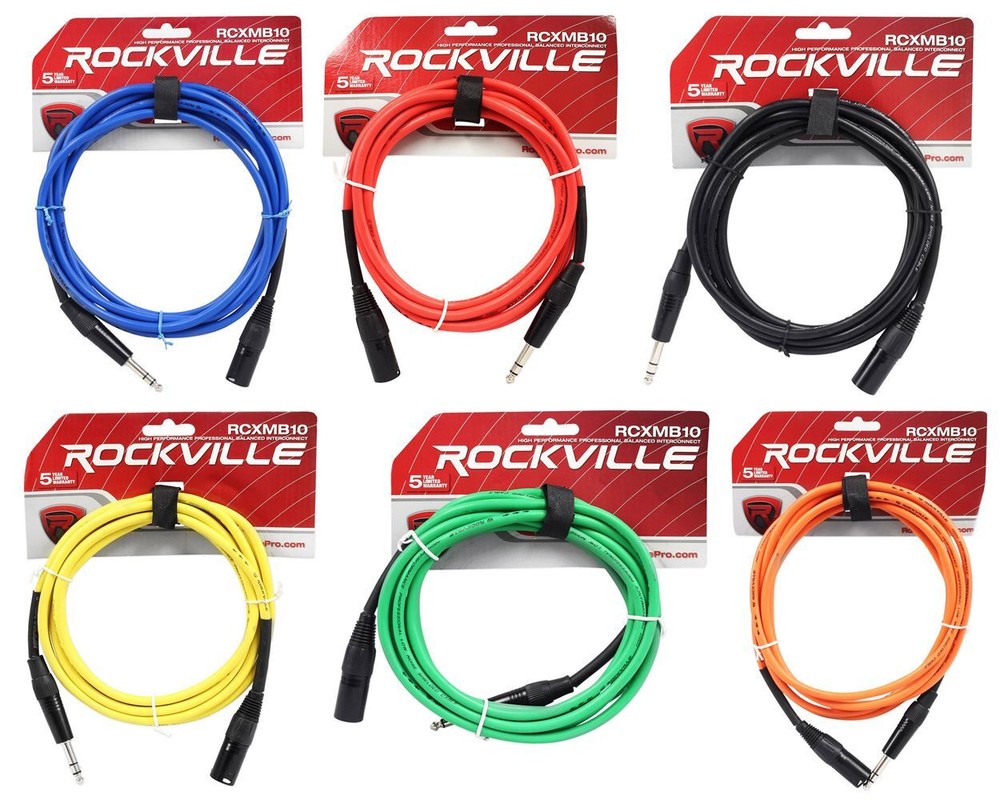 6 Rockville 10′ Male REAN XLR to 1/4“ TRS Balanced Cable OFC (6 Colors)