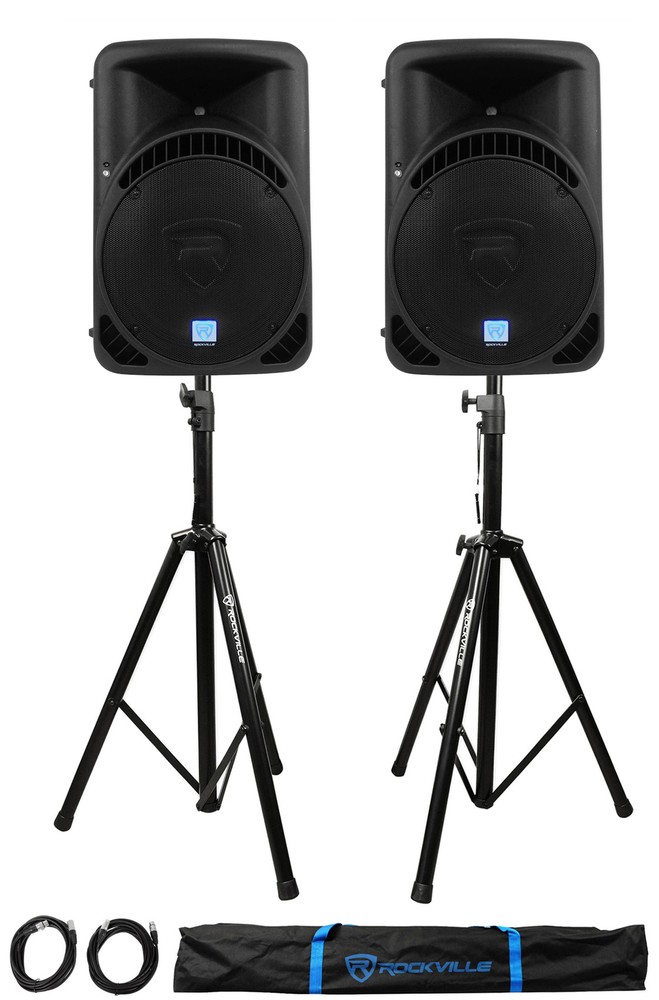 2 Rockville RPG15BT 15″ Active BlueTooth Wireless Link DJ Speakers+Stands+Cables