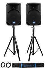 2 Rockville RPG15BT 15″ Active BlueTooth Wireless Link DJ Speakers+Stands+Cables