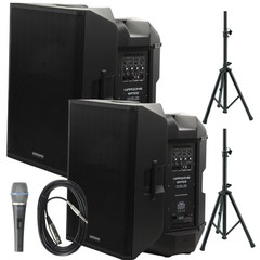 2x Warzone WPTS15 2500W Bluetooth Powered Speakers + 2 Adjustable PA Stands