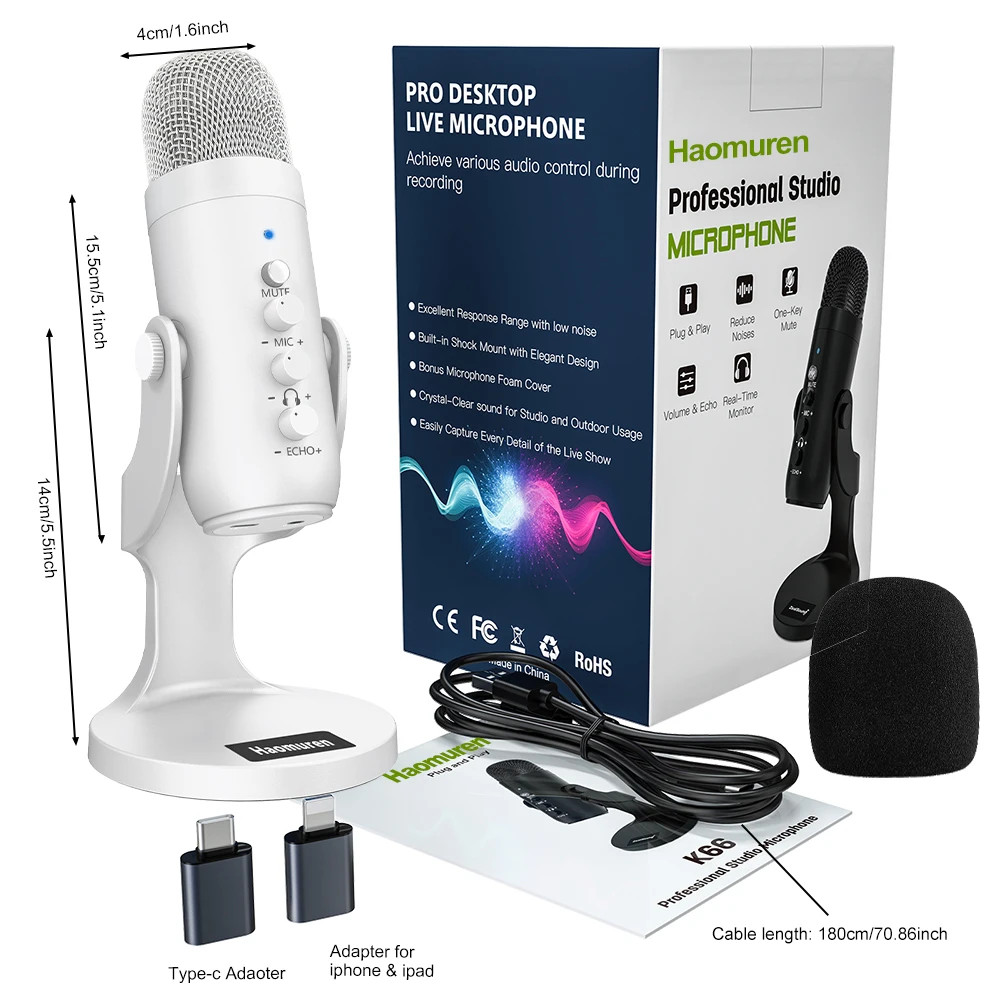 Professional White USB Condenser Microphone Studio Recording Mic for PC Computer
