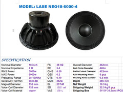 LASE NEO18-6000-4 ‎Neodymium 18″ Low Frequency Bass Woofer Speaker 6″ VC 4Ω