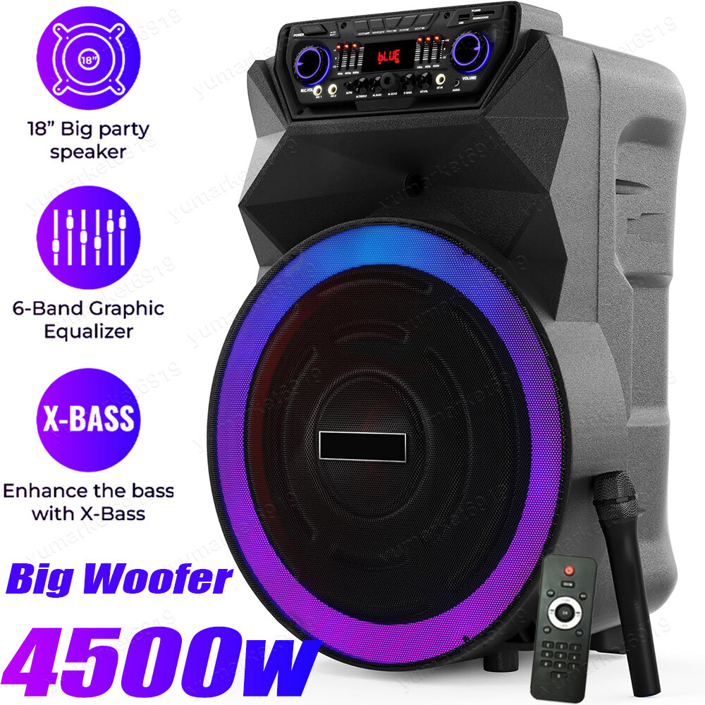 18″ Portable 4500Watt Party Speaker Rechargeable Heavy Bass Wireless Mic Remote